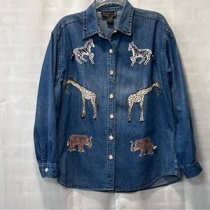Denim Zoo Animal Artsy Boho Embroidered Women’s Shirt Size M